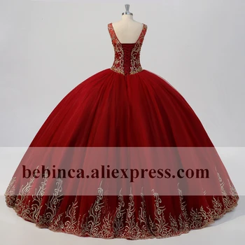 2019 Zlatno Vezeni Loptu Haljina Quinceanera Dresses Dužina Poda Sweet 16 Dress Custom Font Size