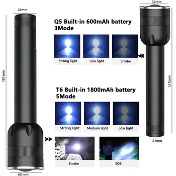 2020 novi USB Punjiva led svjetiljka s T6 LED ugrađene litij baterija 1800 mah vodootporan kamp svjetlo skalabilne Baklja