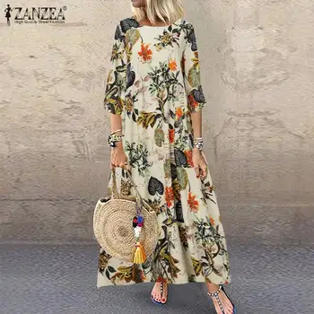 2021 jesen cvjetni tiskanih haljina ZANZEA Vintage pamuk posteljinu сарафан žene s dugim rukavima kaftan Vestidos ženski plus size haljina