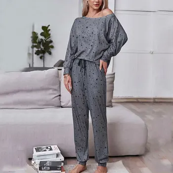 2021 Jesen Pamučna Pidžama Skup Žena Proljeće Pidžama Lounge Wear Set Dame Loungewear Kućna Odjeća Zvijezda Ispis Kućno Odijelo Pidžama