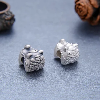 3D je 999 Silver King Tiger Beads Real Pure Silver Lucky Fengshui Tiger Beads DIY Jewelry Findings Loose Beads