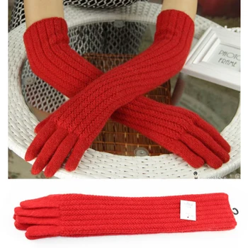45 cm duge vunene rukavice, rukavice za žene tople zimske pleteni modni rukavice crna, smeđa i siva dame Lakat brand rukavice 2019 Novi