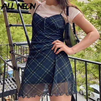 ALLNeon E-Girl 90s Spaghetti Strap Bandage Front Ruffles Pokrivač Dresses Vintage Mesh V-izrez Backless A-line Mini Dress Partywear