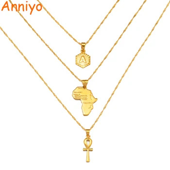 Anniyo 3PCS/A-Z Letters Africa Map jednog ankh privjesak Neckalces abeceda zlatna boja početni nakit afričke kulturne ukras #243806