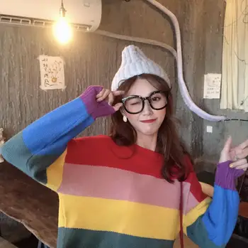 Bella filozofija jesen Rainbow džemper žene Harajuku kardigan prugasti pulover prevelike veste korejski starinski dres