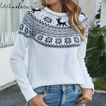 Bijeli džemper žene Los Pahuljica Božić džemper, pulover Ružni džemper pletene dugi rukav zima 2020 T0N308A