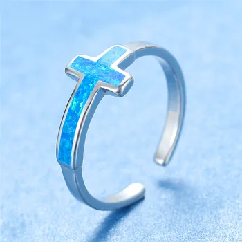Boho Ženski Plavi Križ Opal Prst Prsten Elegantna Srebrna Boja Ljubavi Zaručnički Prsten Moda Obećanje Vjenčano Prstenje Za Žene