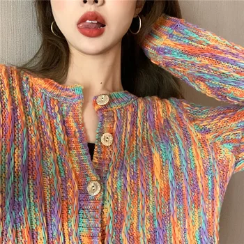 Bok Djevojka proljeće jesen je Duga šarene otvoreni šavovi žene tanki dugi rukav boja krpa kratki kardigan šik korejski ženski džemper