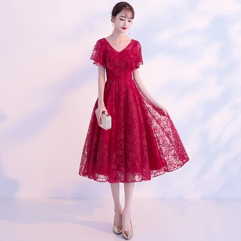 Bordo-crveno čipkan prom haljina kratkih rukava elegantan V-izrez čaj duljine koktel haljine plus size maturalne haljine