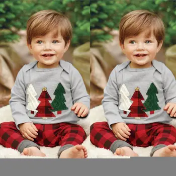 Božićno Drvce Ispis Beba Kids Clothes Set Infant Girl Odjeću Odjeća Dugih Rukava Раффлед T-Shirt Majice Rešetke Hlače Skup