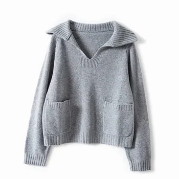Cemi Ceri kašmir pulover V-izrez rever plesti s dugim rukavima topli ženski pletene džemper dvostruki džep dres ženski top