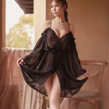 Dame duge haljine crno donje rublje porno Ženska odjeća duboki V-izrez haljina gledate, iako je Seksualna пижама spavaćica noći haljina