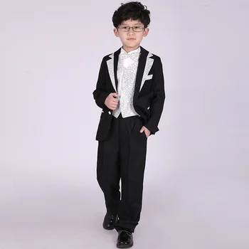 Dječak večernja haljina smoking klavir performanse odijelo cvijet dječaci rođendan svadbene nošnje 5 kom. jakna + prsluk + + majica hlače + kravata F59