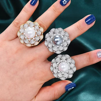 GODKI 2020 modni veliki biser izjava prsten za žene kubni cirkonij prst prsten perle Šarm prsten češki plaža nakit poklon