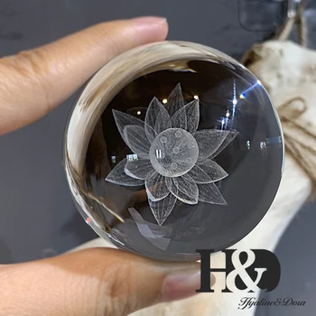 H&D 60 mm 3D lasersko graviranje lotosov cvijet staklena kugla Crystal liječenje loptu minijature opseg uređenja doma pribor sa postoljem