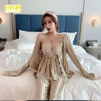 HNMCHIEF Gold VelvetPajamas setovi za žene topla zima V-izrez Seksi пижама Femme soft donje rublje bez rukava noćni odijevanje