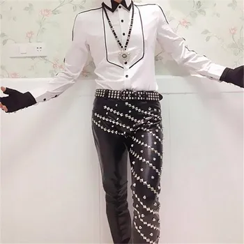 Idopy Newl Muške Korean Gothic Punk Stage Performance Revit hlače od umjetne kože PU zimskim Party crne kožne Muške hlače