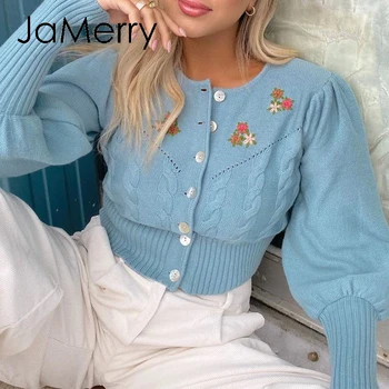 JaMerry uzročnu plava jesen zima kratke žene kardigan elegantan cvijet split jastučić za rukav džemper ženski moda pletene džemper