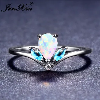 JUNXIN Brand Ocean Plava/ljubičasta/bijela Vatreni opal prsten za žene srebrna boja suza Duga kamen rođenja Crown prsten
