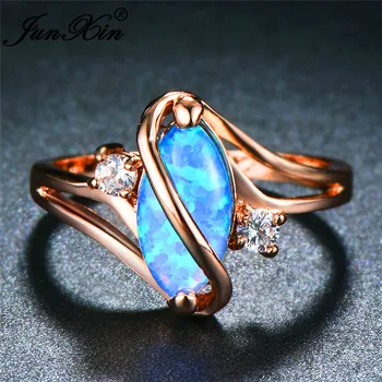 JUNXIN Unique S obliku srca Blue/White Fire Opal Stone Rings For Women Rose Gold Horse Eye Rainbow Birthstone Ring svadbeni nakit