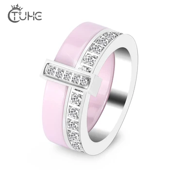 Moda Dvostruki Sloj Keramički Ženski Prsten Kvalitetan Crno Bijeli Pink Crystal Prsten Za Žene Prosječan Prsten Modni Nakit Pokloni