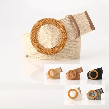 Moderan dizajn okrugli drveni zakopčati haljinu zona za žene casual pletena široki remen tkani elastične PP od slame trake nakit poklon
