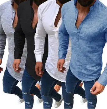 Muška monotono košulja dugih rukava štand ovratnik полуоткрытая gumb tanak casual top muška ulica odjeća Camisa Masculina