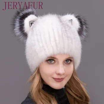 Nova moda kvalitetna ženska zimska ženska vertikalni pruća šešir pravi prirodni lisica kuna, krzno kapa prekrasna mačka uši stil kape