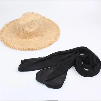 Novi diskete Rafija NED kape za žene crna traka čipke Velike Polja slamnati šešir vanjski plaža ljetne kape Chapeu Feminino