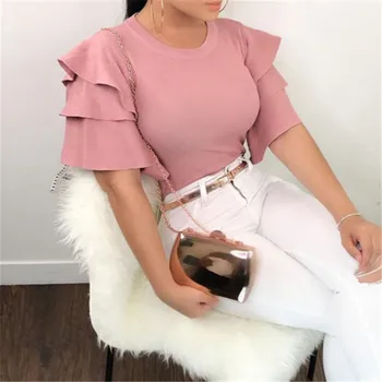 Novi hot rasprodaja 2018 Ženska ljetna bluza plus size Flare Sleeve Ruffles Blouses OL Work Solid Color Women Ladies Top Shirts