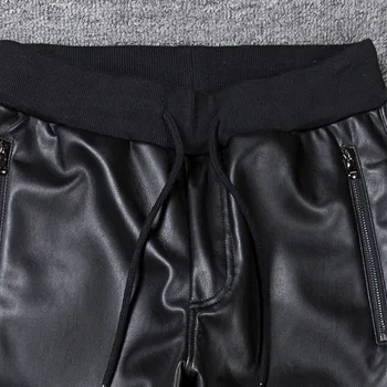 Patentni zatvarač muške crne hlače od umjetne kože Trkač High Street džepova elastičan pojas hip hop motocikl PU hlače