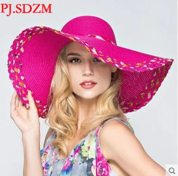 PJ.SDZM Summer Women Wide Brim Beach Hat šarene cool sunčane kape UV-zaštita luk slamnati šešir