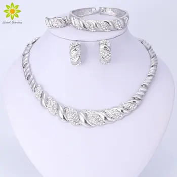Posrebreni Vještački Dijamant Nakit Kompleti Za Žene Crystal Ogrlica I Naušnice, Narukvice Vjenčano Prstenje Moda Ogrlicu