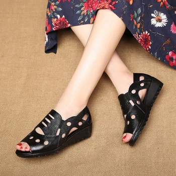 Prirodna koža majka cipele 2020 ljetne sandale za žene Casual cipele dame klinovi sandale soft štavljena goveđa koža Klin peta 3 cm A2307