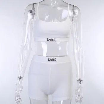 Rebrasta komplet od dva dijela sportski odijelo Ženska odjeća bijela godina skraćene top na trake i biciklistički šorc setove od 2 dijela Ženska odjeća