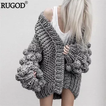 RUGOD 2020 Solid Crochet Lantern Sleeve Cardigans Women oversize pletene džemper zimske majice za žene dres 2020 skakači