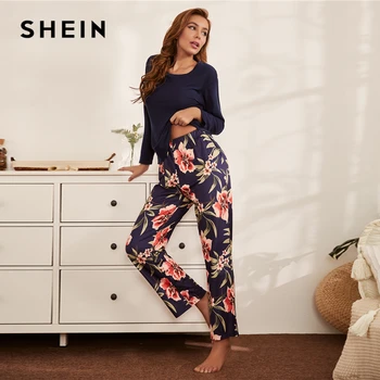 SHEIN Plants Print Kap Shoulder Pidžame Set žene Proljeće dugi rukav O izrez top i pidžama hlače svakodnevne slatka пижамные setovi