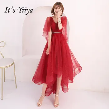 To YiiYa Prom Dress Red V-izrez asimetrični dizajn stranke loptu haljina moda kratkih rukava čipke večernje haljine E133