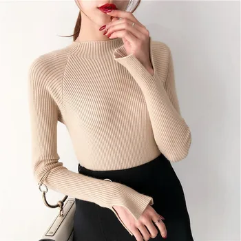U prodaji 2019 proljeće žene dame džemper visoka elastična solidan pola водолазка džemper žene tanak casual čvrsto pletene pulover