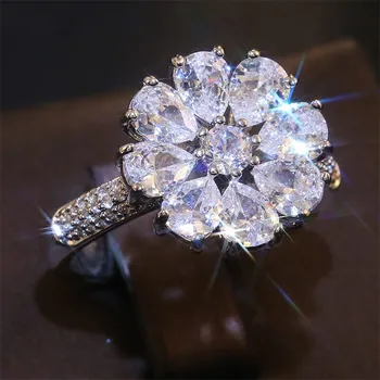 VAGZEB Silver Color Luxury Female Big Crystal Flower Ring modni angažman prstenovi za žene elegantan Cirkon zaručnički prsten prsten