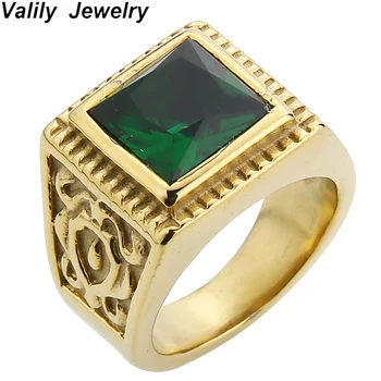 Valily nakit Donje zaručnički prsten od nehrđajućeg čelika moda cvijet kvadratnom zeleno staklo prsten za muškarce zlatna boja grupa prstenje nakit