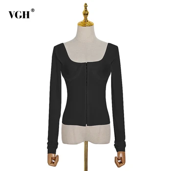 VGH Solid minimalistički Džemper za žene kvadratnom ovratnik tunika dugih rukava crni osnovni pletene majice ženska moda nova odjeća Tide