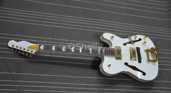 Visoka kvaliteta QShelly custom white TL F holes guitar hollow body transparentno pickguard gold binding električnu gitaru
