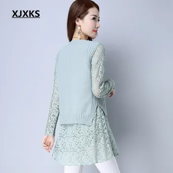 XJXKS Novi 2019 jesen ženski puloveri džemper haljine pletene Čipke rukava vintage lijepe prirodne, svakodnevne duge veste