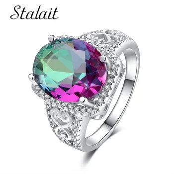 Šarmantan Duga Ovalni Crystal Kamen Prstena Za Žene Muškarci Šuplje Srca Srebrna Boja Legure Obećanje Prsten Za Vjenčanje Nakit