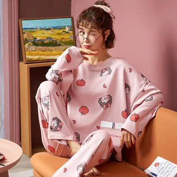 Ženska pamučna pidžama setove s hlačama dugi rukav okrugli izrez lišća lotosa пижама slatka crtani print plus size 4XL top+hlače пижама