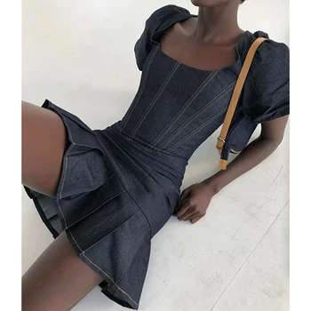 ženski moda francuski stil jastučić za rukav tanki traper ljeto mini haljinu 2020 novi nabrane vruće stranke elastična visokog struka crne haljine